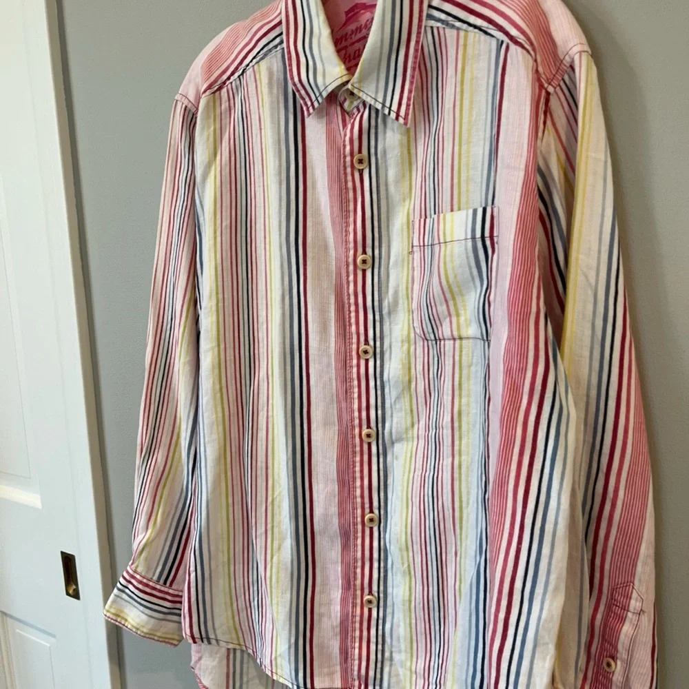Tommy Bahama Relax 100% Linen Long Sleeve Button Front Shirt Mens Med Pink White - Picture 5 of 6